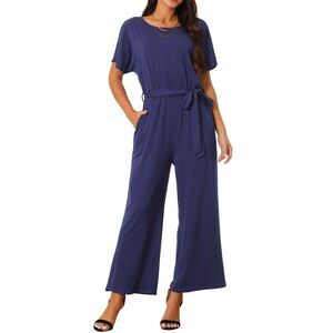 Belted High Waist Wide Leg Casual Dressy Jumpsuits Dark Blue